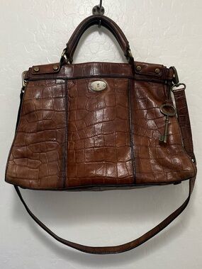 Vintage Fossil Brown Croc Embossed Leather Satchel Top Handle Purse